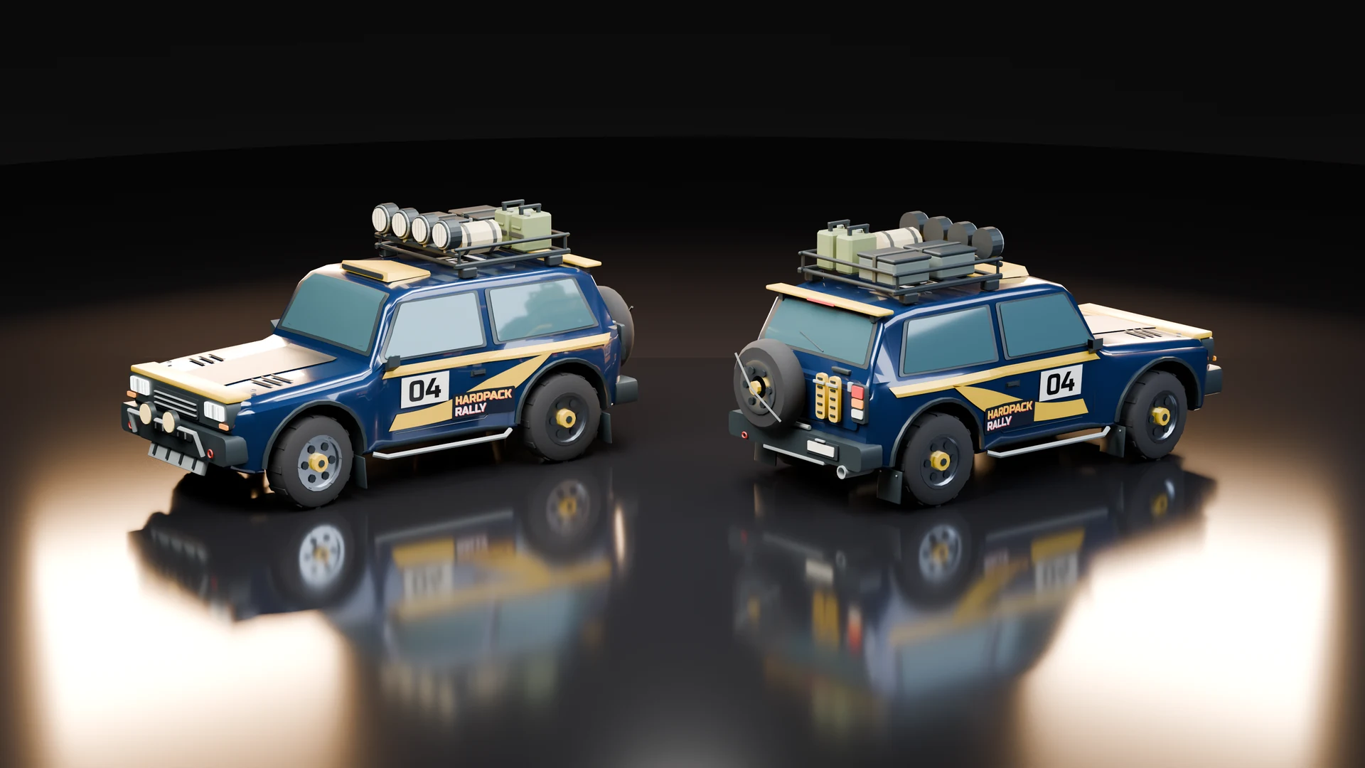 Studio render of the Atlas Raid, a navy and yellow four-by-four with number 04, a roof rack of lamps and jerry cans, and a spare wheel on its tailgate.