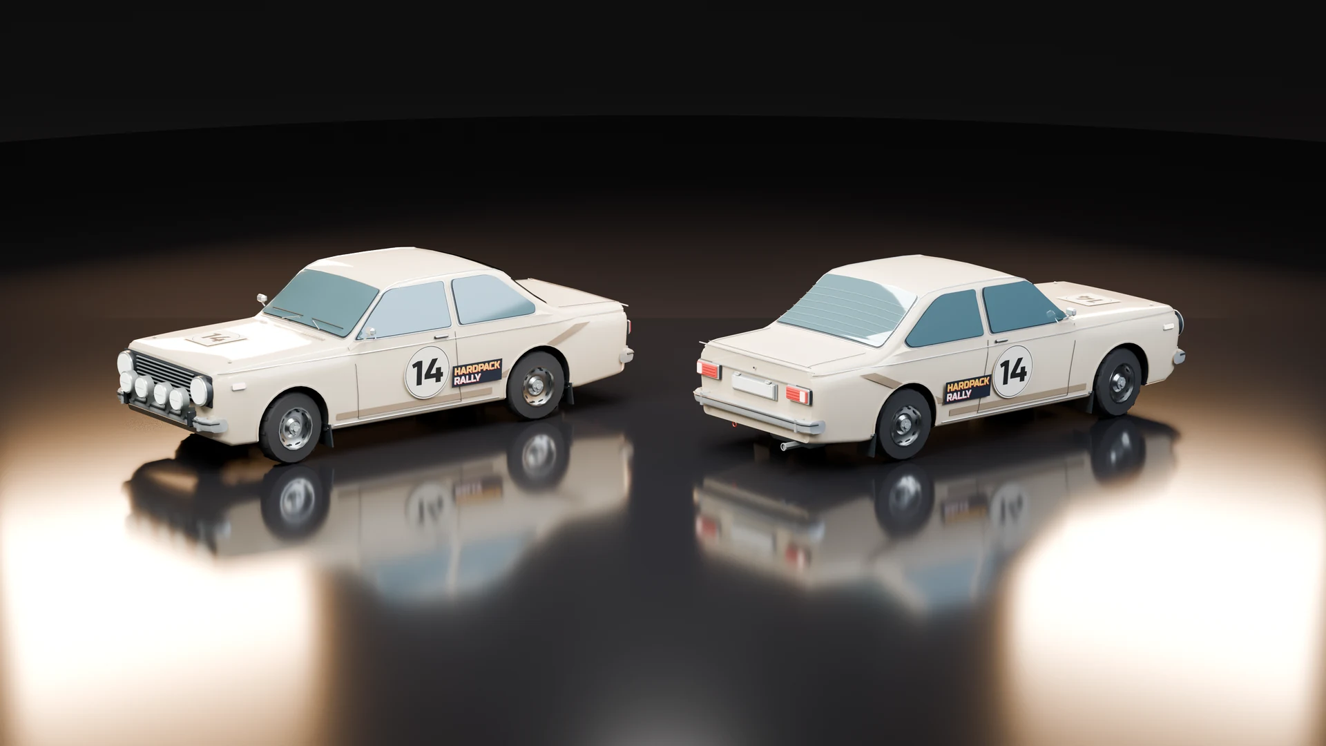 Studio render of the Dimmer 1990cc, a warm ivory two-door with number 14, subtle paint wear and round auxiliary lamps, from the front and from the back.
