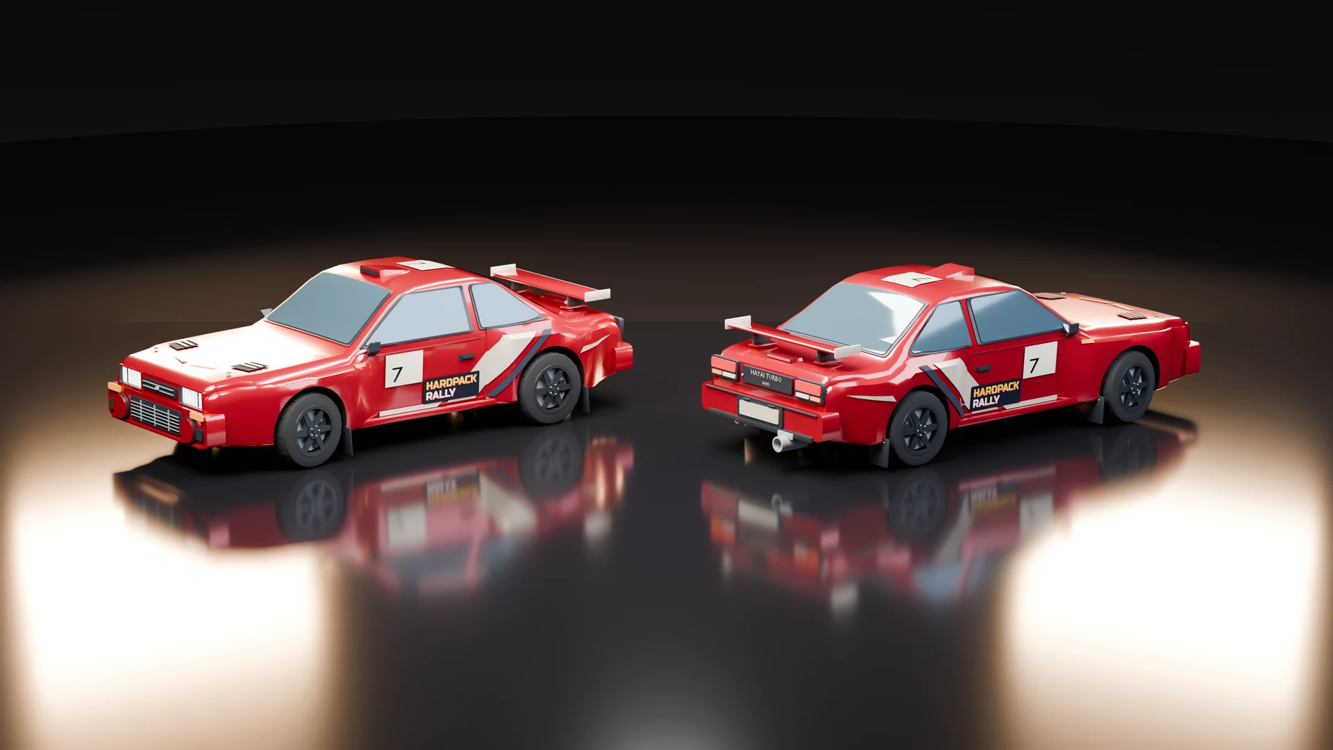 Studio render of the Hayai Turbo, a red, ivory and navy all-wheel-drive coupe with number 7, a roof scoop and a rear wing, from the front and from the back.