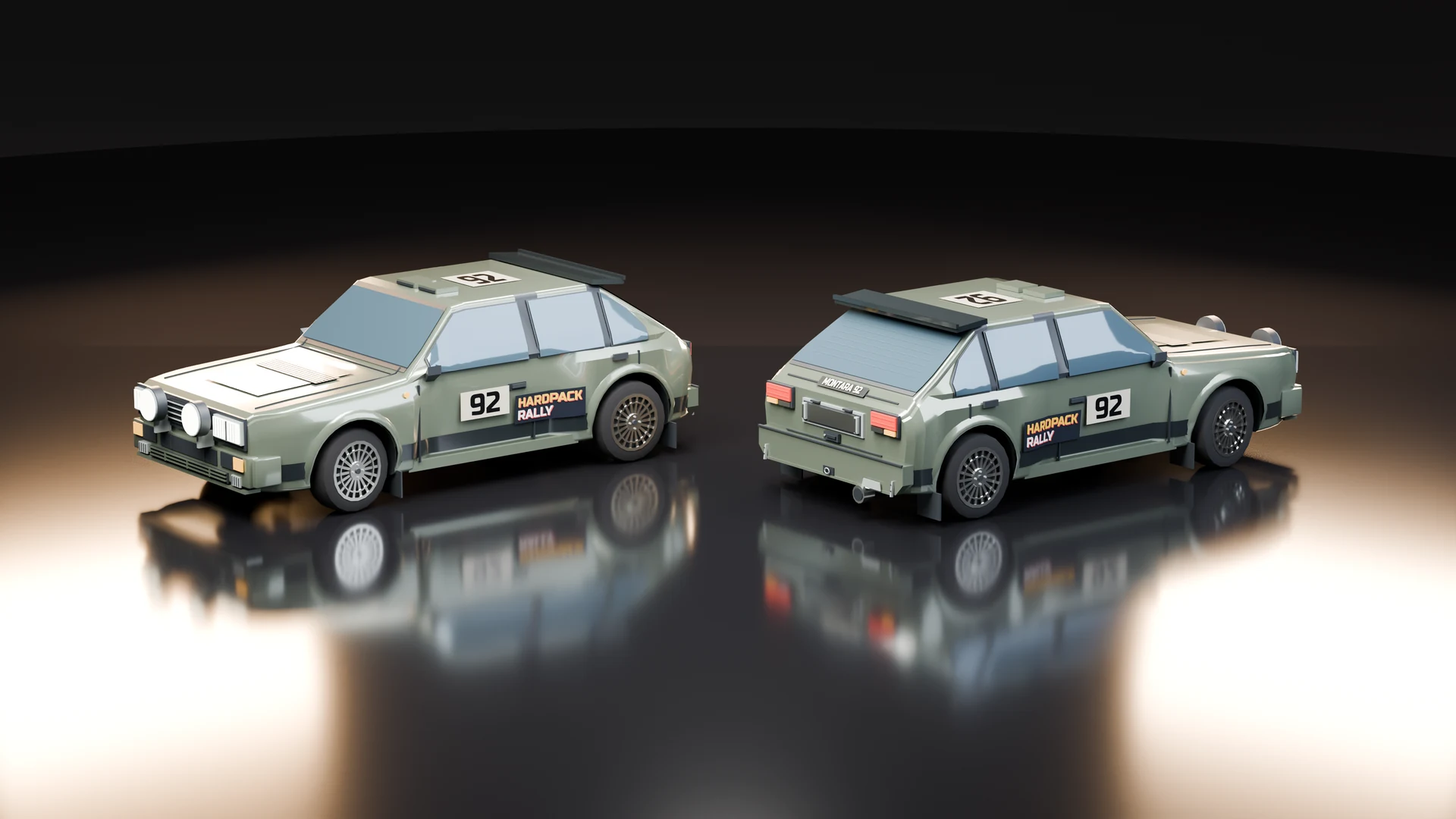 Studio render of the Montara 92, an olive green rally hatchback with number 92 and a roof spoiler, from the front and from the back.