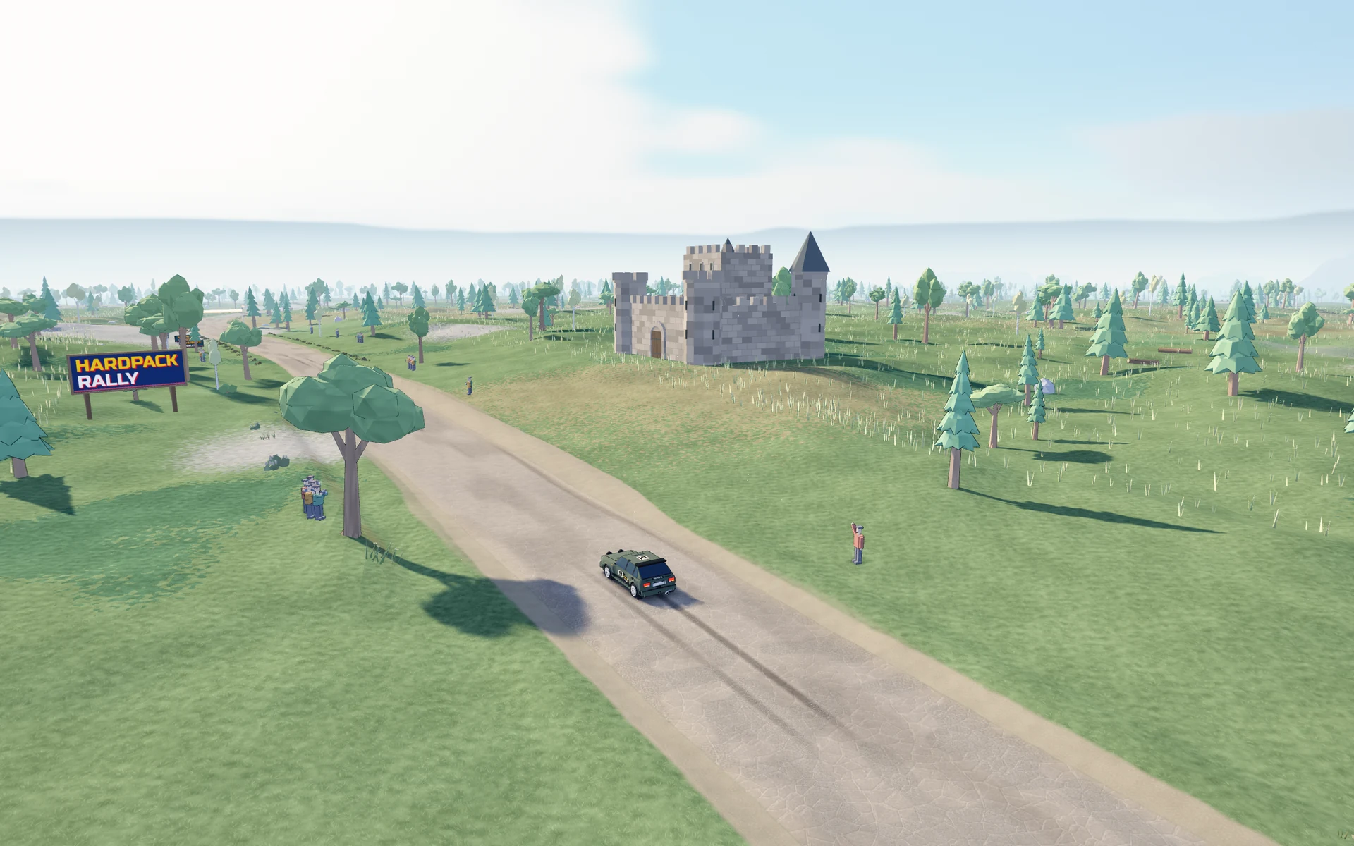 The Montara on a country rally course beside a stone castle, with spectators along the road.