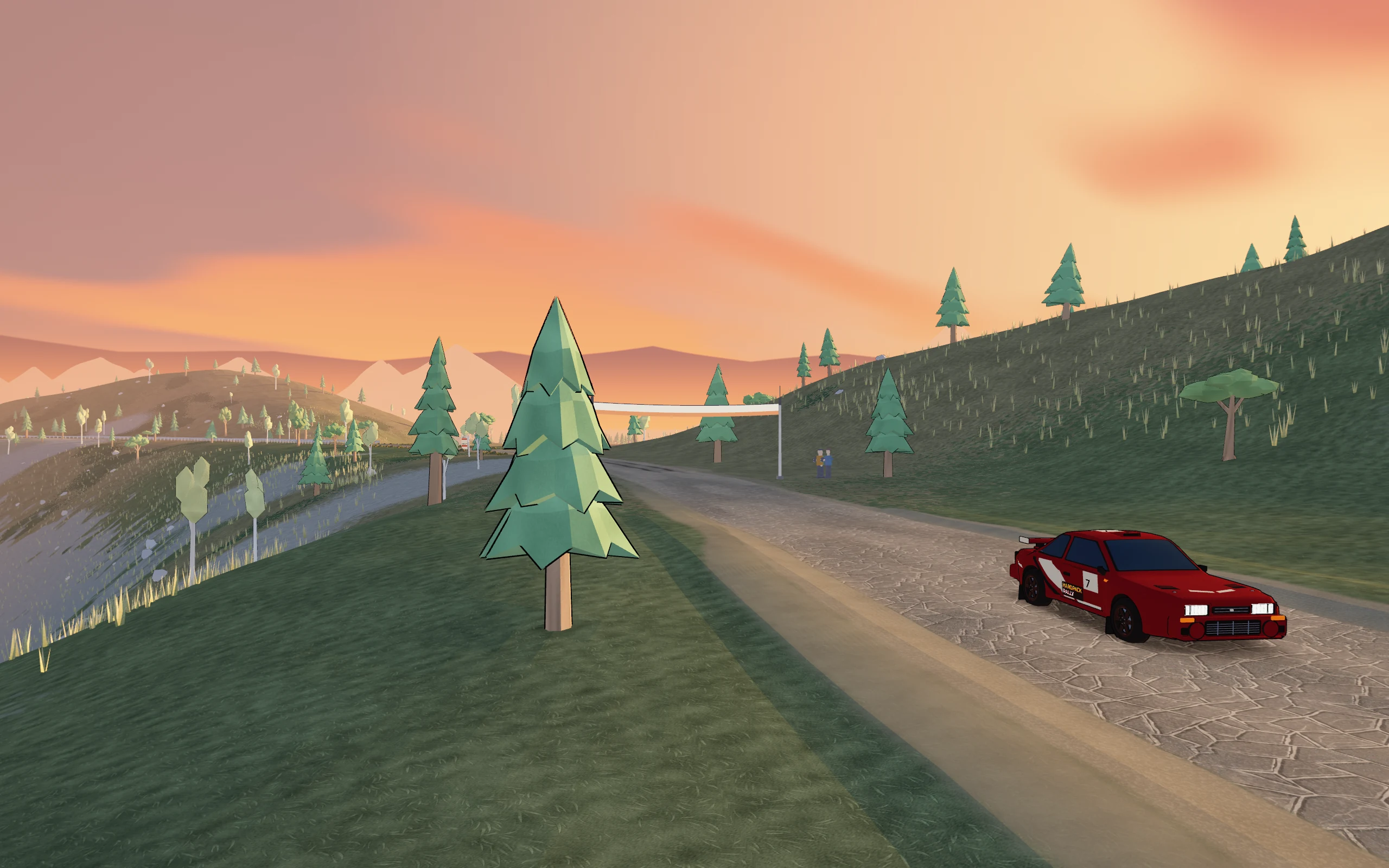 The current red-and-ivory Hayai Turbo on a mountain road at sunset, with pine trees on the hillside.