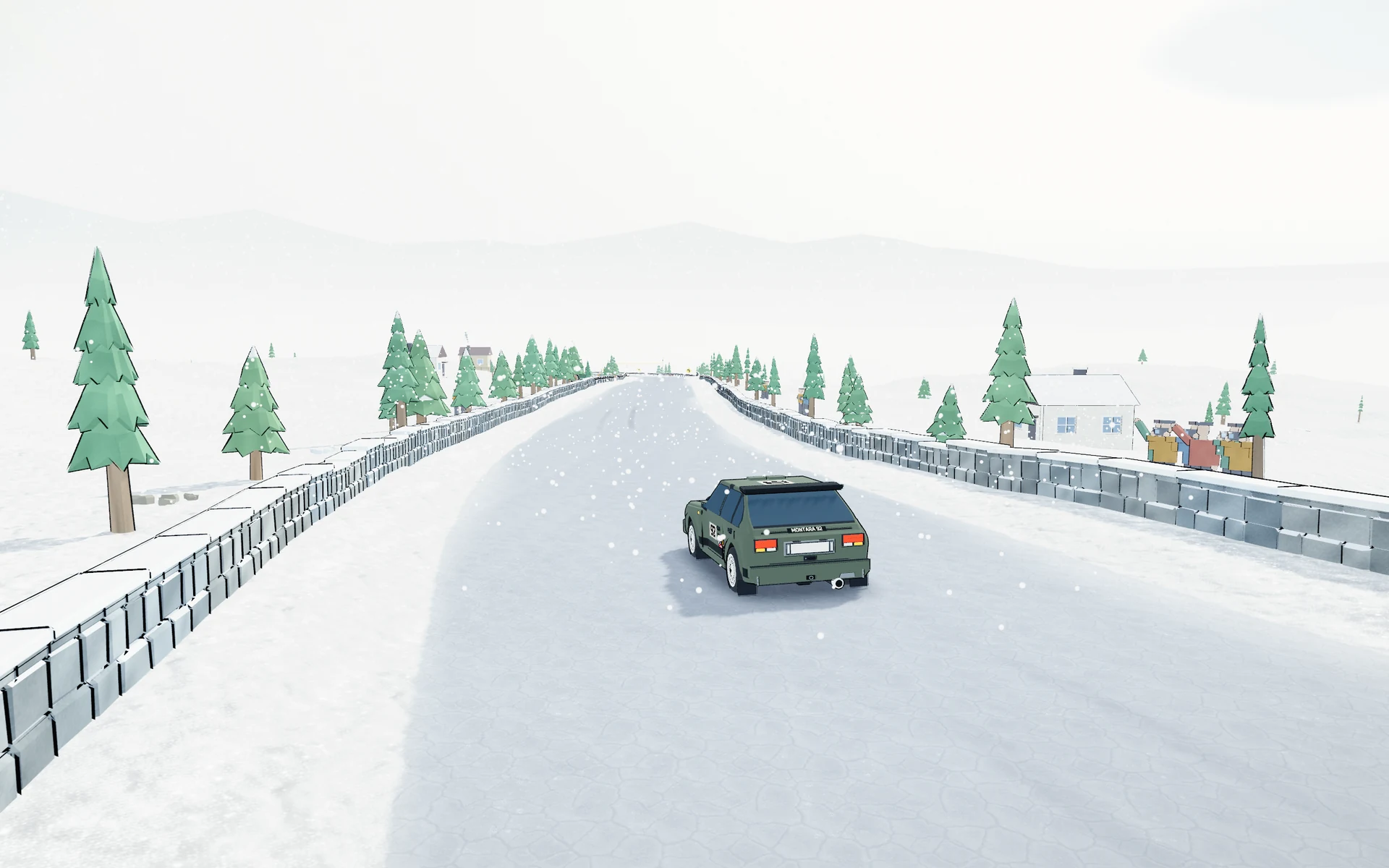 The Montara on a snow-covered rally road through winter scenery.